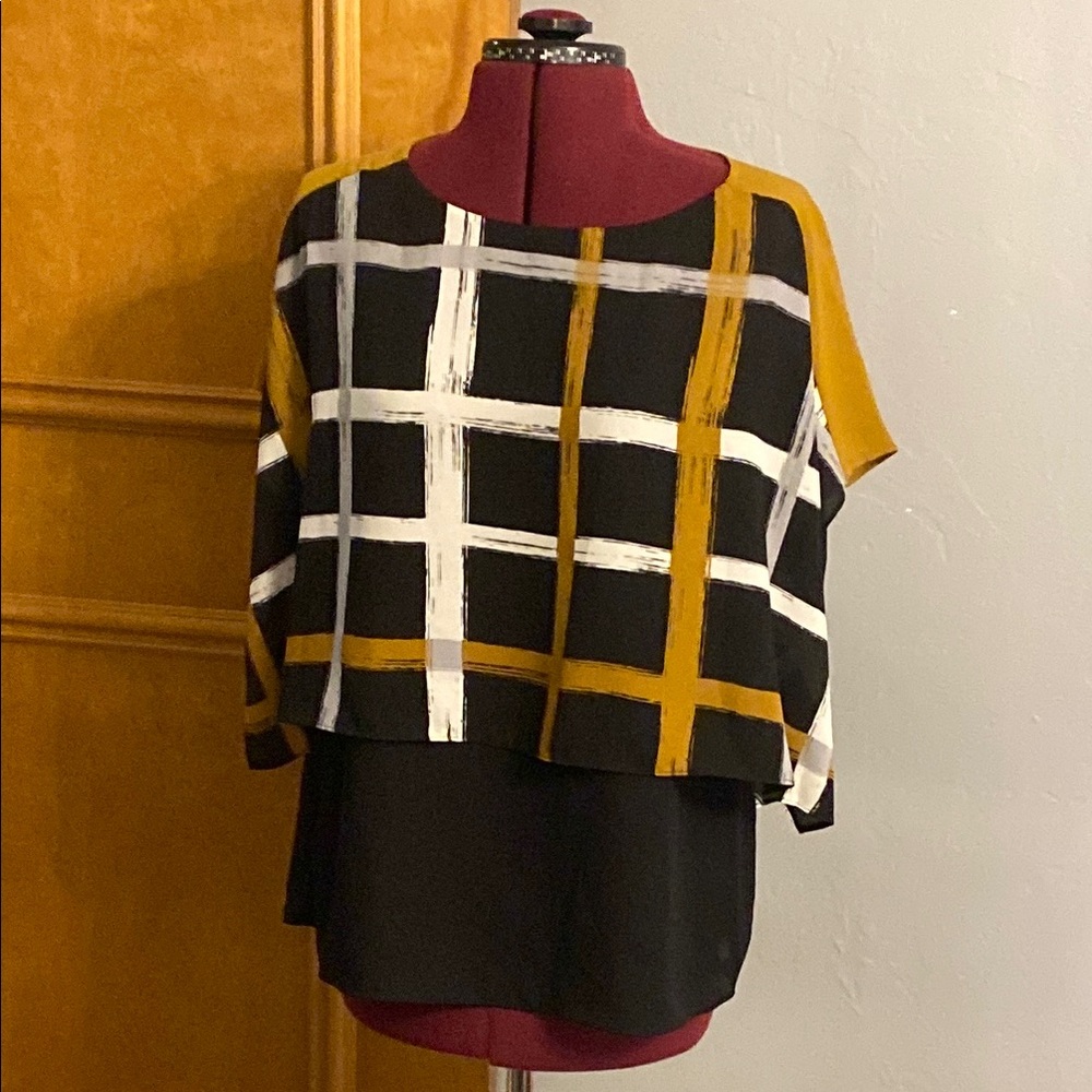 Alfani Black and Gold Plaid Blouse